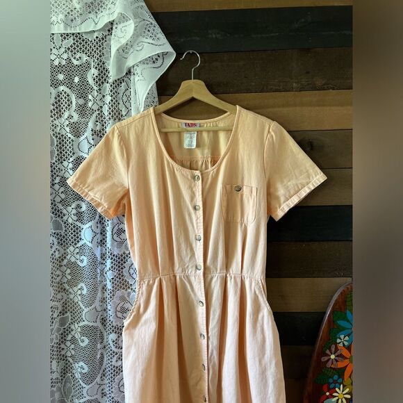 Vintage 90s FADS Peach Short Sleeve Cotton Button Down Dress with Pockets - Picture 6 of 8